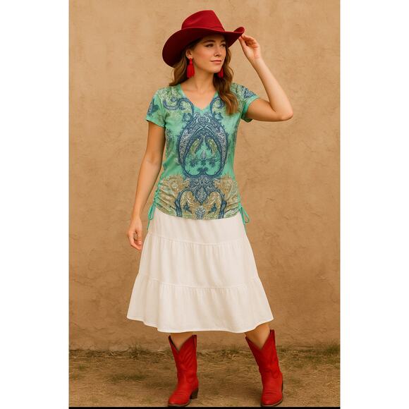 Wrangler WrancheR Women’s Paisley Print Top Size M Aqua & Blue Boho Western Tee - Picture 9 of 10